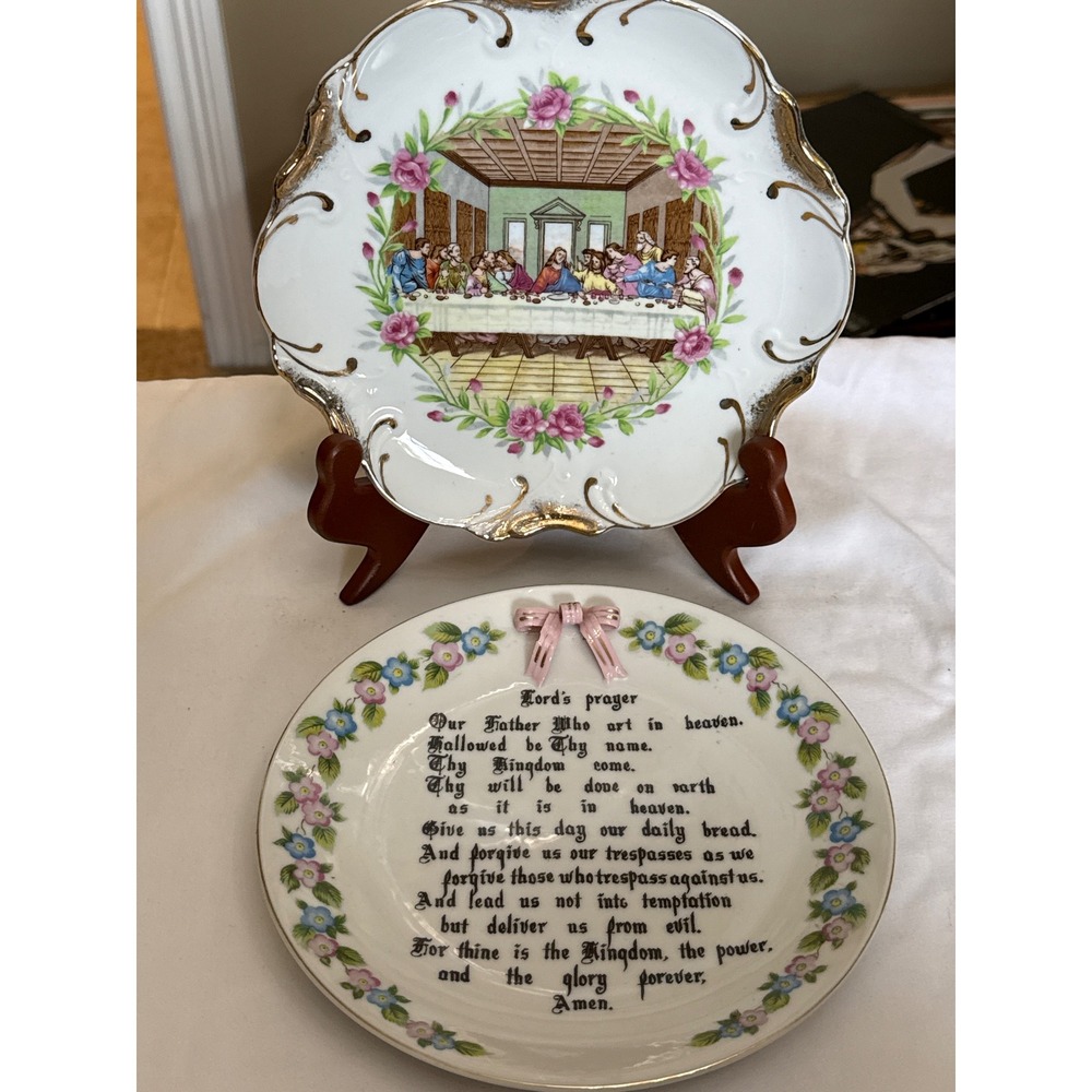 Vintage Kasuga Ware The Last Supper & Lords Prayer Collector Plate Set Japan